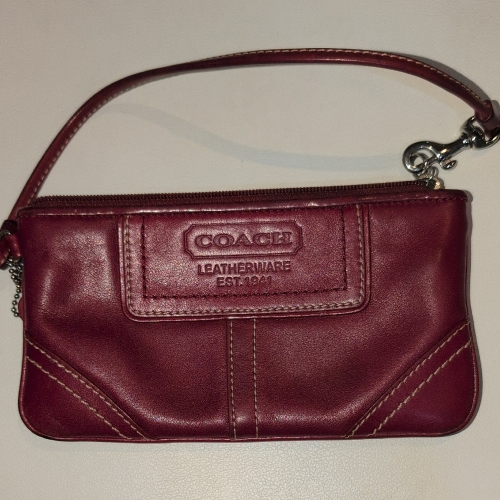 Coach Maroon All Leather Wristlet - Picture 1 of 6